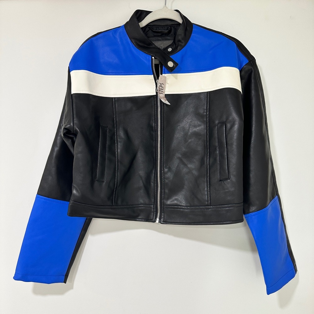 Ci Sono Vegan Leather Moto Jacket Womens Medium Black Blue White Racing PUJK508
